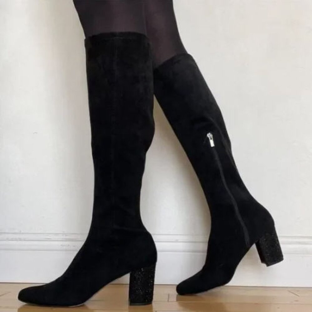 New Jewel Badgley Mischka Evalina Stretch Black Micro-Suede Evening Boot 8